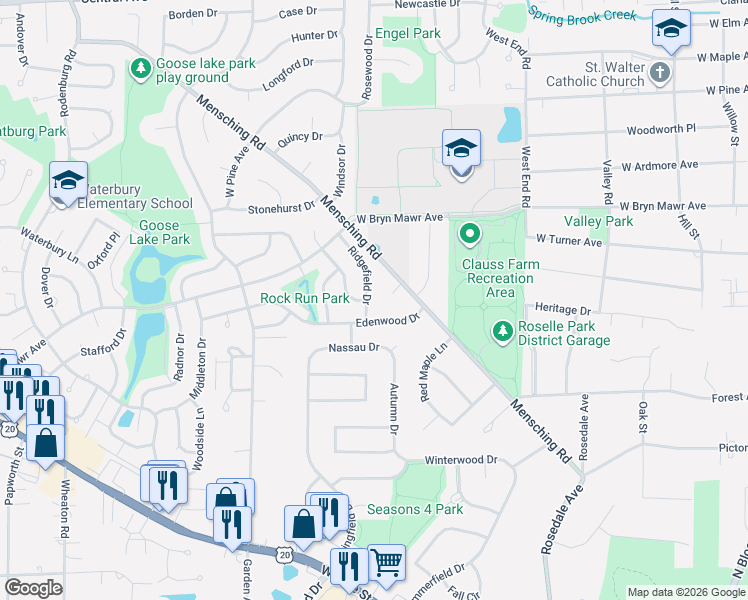 map of restaurants, bars, coffee shops, grocery stores, and more near 550 Avebury Lane in Roselle