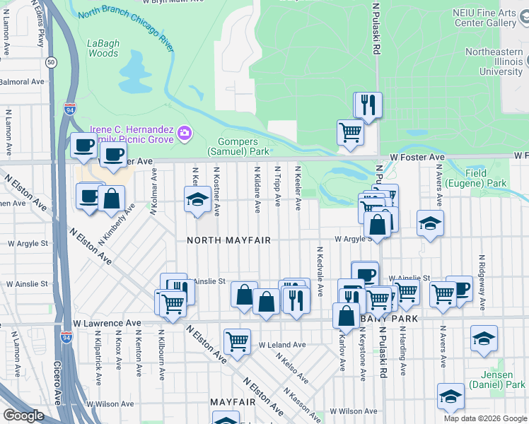 map of restaurants, bars, coffee shops, grocery stores, and more near 5045 North Kildare Avenue in Chicago