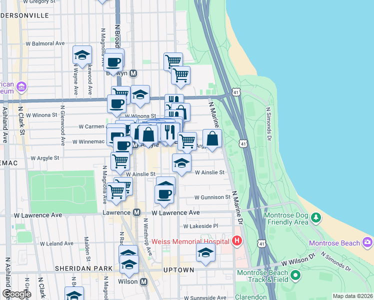 map of restaurants, bars, coffee shops, grocery stores, and more near 937 West Argyle Street in Chicago