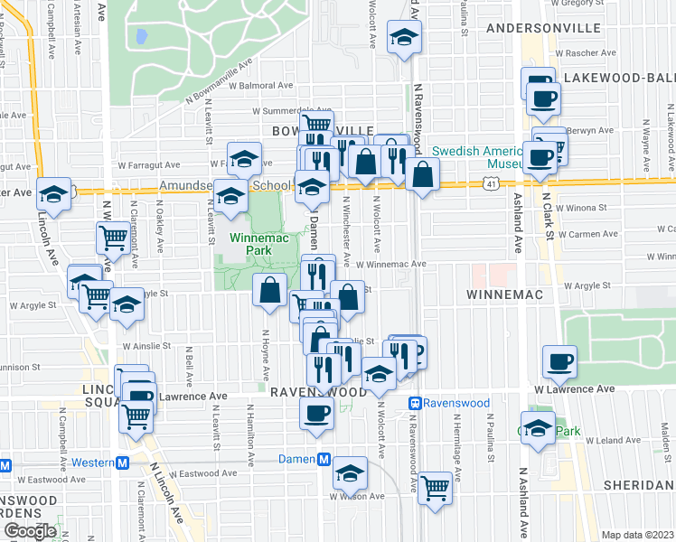 map of restaurants, bars, coffee shops, grocery stores, and more near 1947 West Winnemac Avenue in Chicago