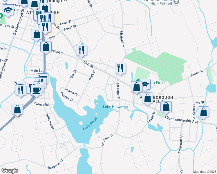 map of restaurants, bars, coffee shops, grocery stores, and more near 35 Bulfinch Street in North Attleborough