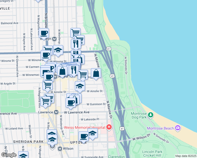 map of restaurants, bars, coffee shops, grocery stores, and more near 4960 North Marine Drive in Chicago