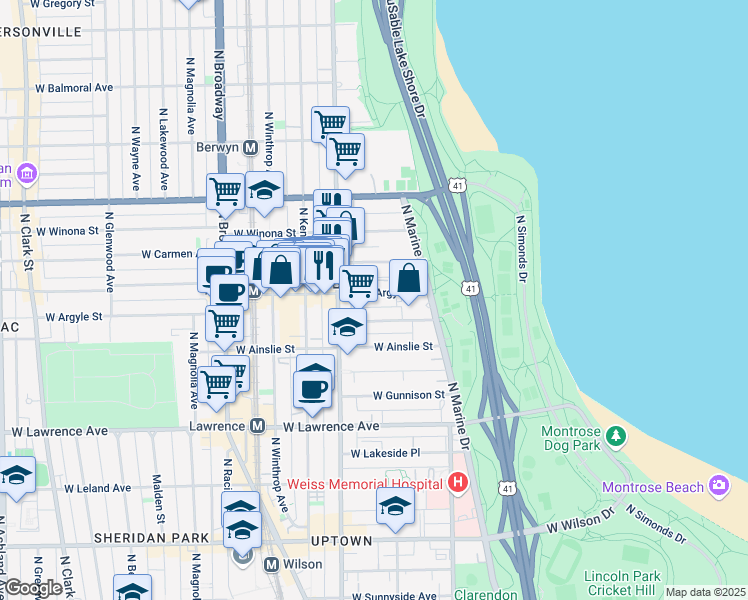 map of restaurants, bars, coffee shops, grocery stores, and more near 937 West Argyle Street in Chicago