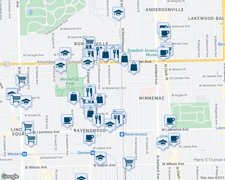 map of restaurants, bars, coffee shops, grocery stores, and more near 5014 North Wolcott Avenue in Chicago