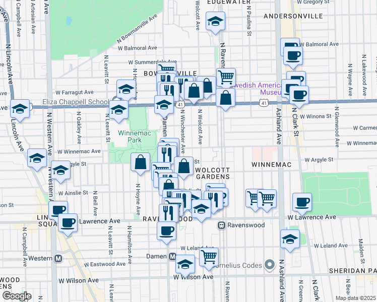 map of restaurants, bars, coffee shops, grocery stores, and more near 5016 North Winchester Avenue in Chicago