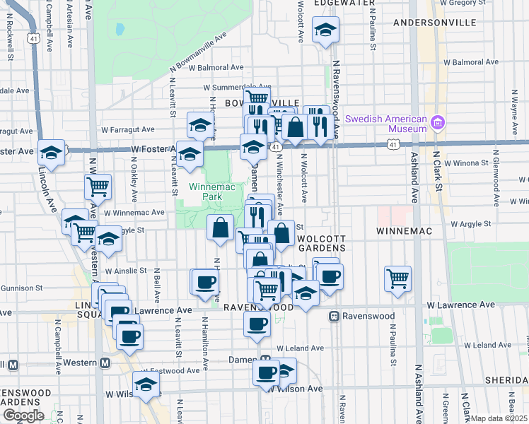 map of restaurants, bars, coffee shops, grocery stores, and more near 5017 North Damen Avenue in Chicago