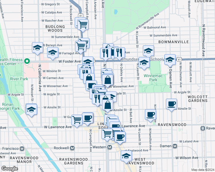map of restaurants, bars, coffee shops, grocery stores, and more near 2351 West Winnemac Avenue in Chicago