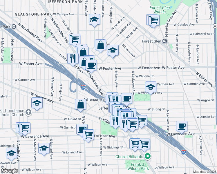 map of restaurants, bars, coffee shops, grocery stores, and more near 5421 West Carmen Avenue in Chicago