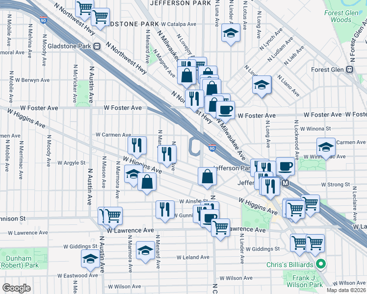 map of restaurants, bars, coffee shops, grocery stores, and more near 5028 North Parkside Avenue in Chicago