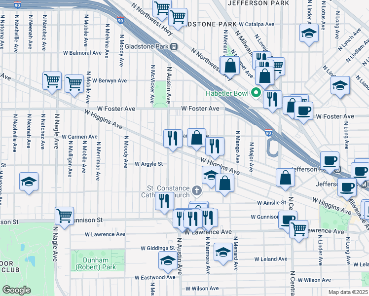 map of restaurants, bars, coffee shops, grocery stores, and more near 5928 West Higgins Avenue in Chicago
