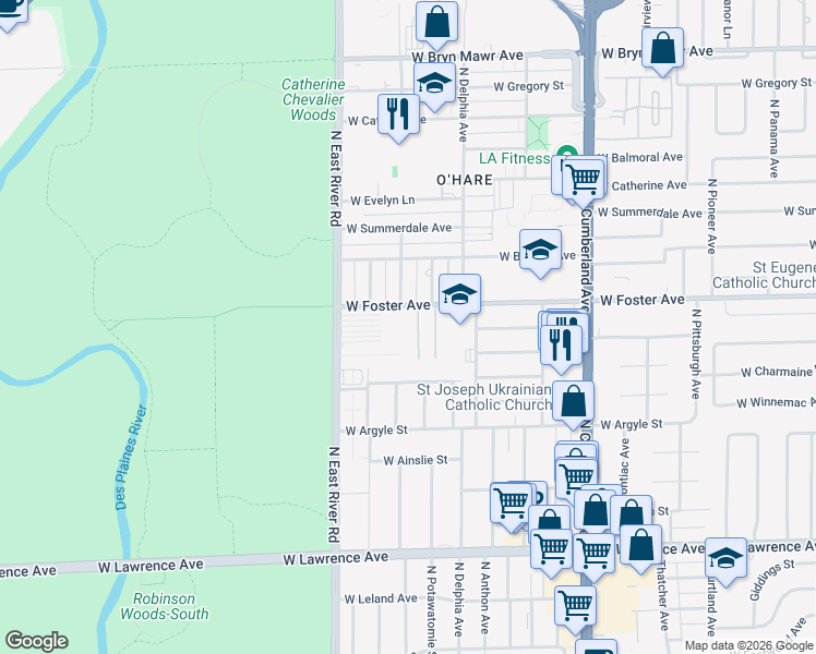 map of restaurants, bars, coffee shops, grocery stores, and more near 8639 1/2 West Foster Avenue in Chicago