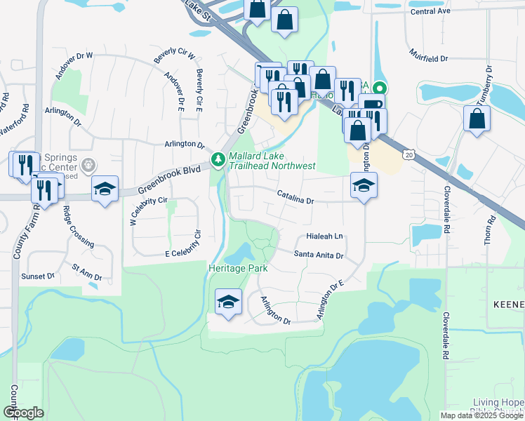 map of restaurants, bars, coffee shops, grocery stores, and more near 5479 Arlington Drive West in Hanover Park