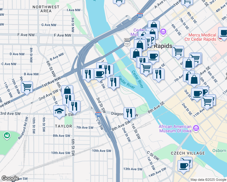 map of restaurants, bars, coffee shops, grocery stores, and more near 424 1st Street Southwest in Cedar Rapids