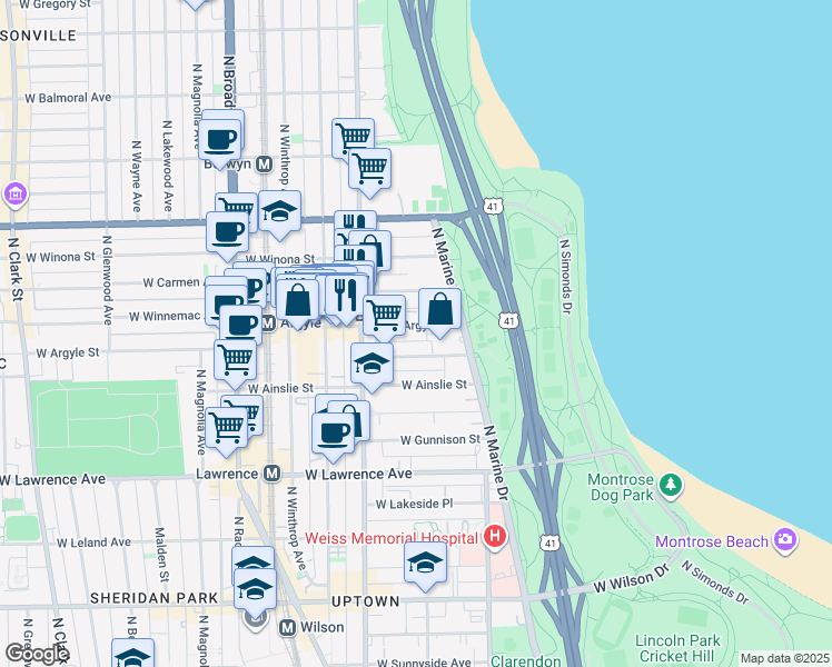 map of restaurants, bars, coffee shops, grocery stores, and more near 903 West Argyle Street in Chicago
