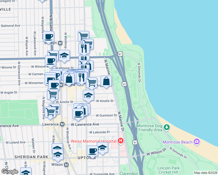 map of restaurants, bars, coffee shops, grocery stores, and more near 4960 North Marine Drive in Chicago