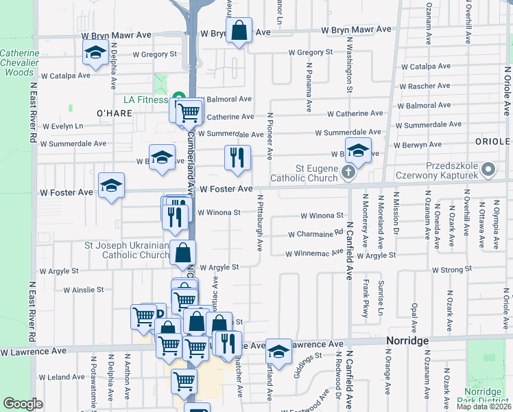 map of restaurants, bars, coffee shops, grocery stores, and more near 8232 Winona Street in Norridge