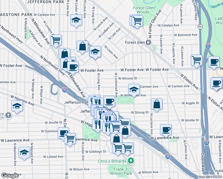 map of restaurants, bars, coffee shops, grocery stores, and more near 5048 North Lockwood Avenue in Chicago