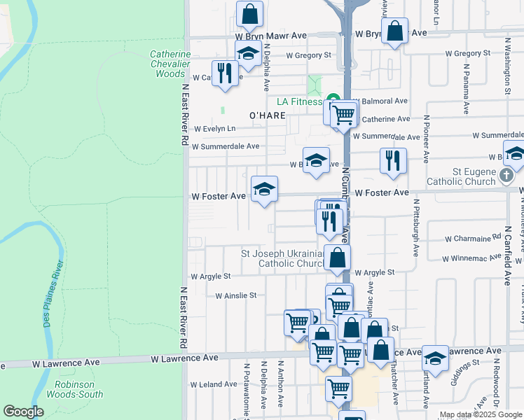 map of restaurants, bars, coffee shops, grocery stores, and more near 8601 West Foster Avenue in Chicago