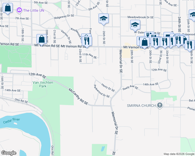 map of restaurants, bars, coffee shops, grocery stores, and more near 1228 Hertz Drive Southeast in Cedar Rapids