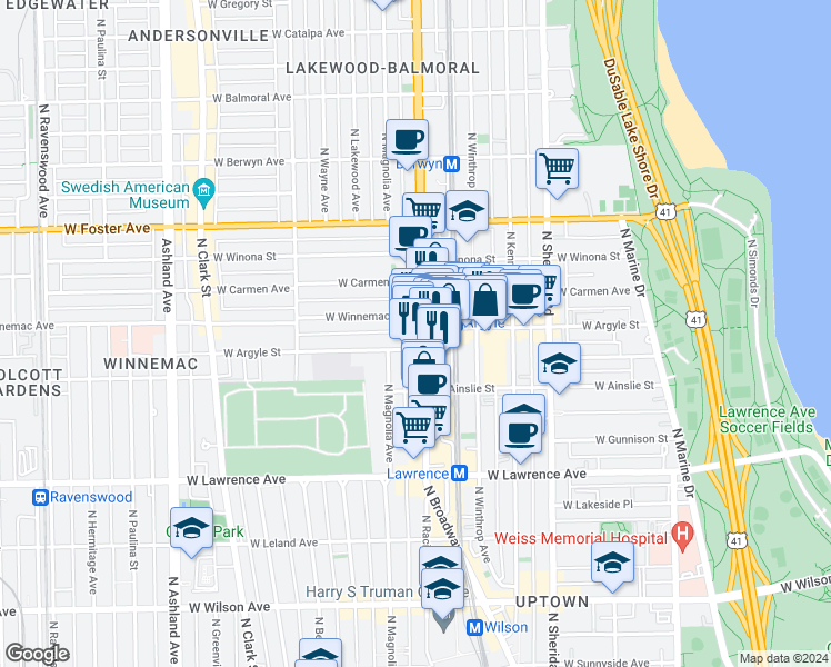 map of restaurants, bars, coffee shops, grocery stores, and more near 5010 North Broadway in Chicago