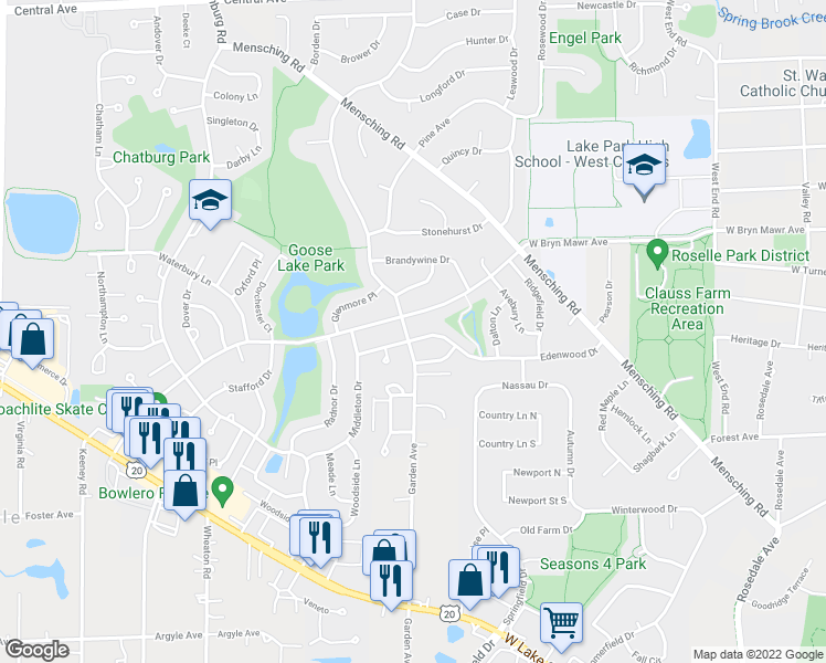 map of restaurants, bars, coffee shops, grocery stores, and more near 880 Edenwood Drive in Roselle