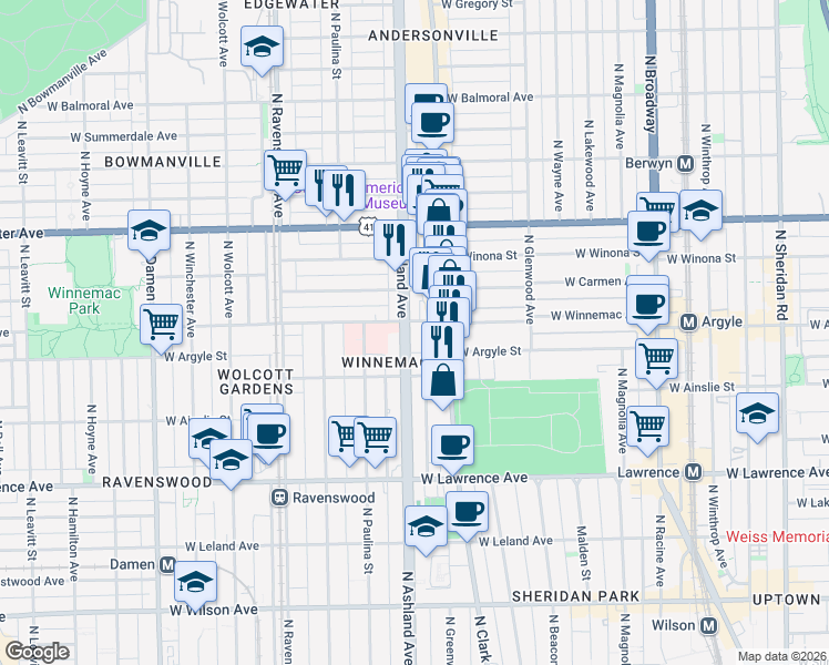 map of restaurants, bars, coffee shops, grocery stores, and more near 5019 North Ashland Avenue in Chicago
