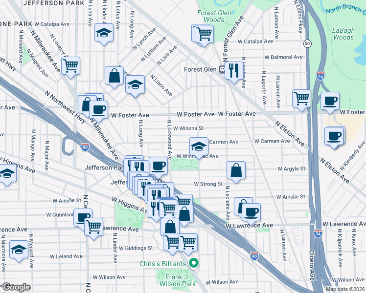 map of restaurants, bars, coffee shops, grocery stores, and more near 5233 West Carmen Avenue in Chicago