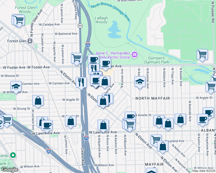map of restaurants, bars, coffee shops, grocery stores, and more near 5068 North Kimberly Avenue in Chicago