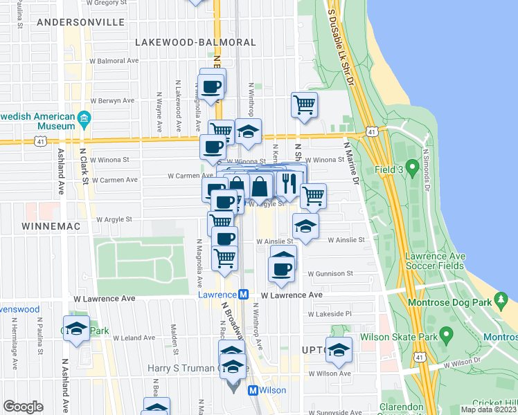 map of restaurants, bars, coffee shops, grocery stores, and more near 1065 West Argyle Street in Chicago