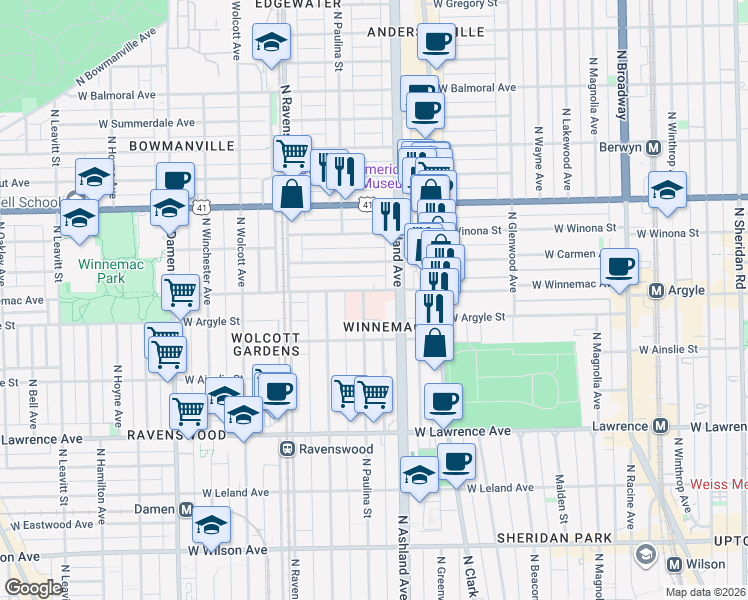 map of restaurants, bars, coffee shops, grocery stores, and more near 4921 North Paulina Street in Chicago
