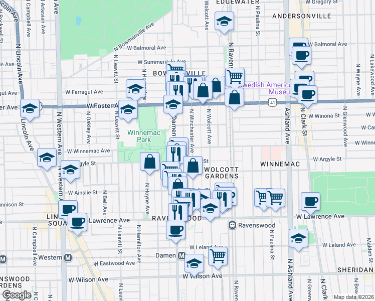 map of restaurants, bars, coffee shops, grocery stores, and more near 5016 North Winchester Avenue in Chicago