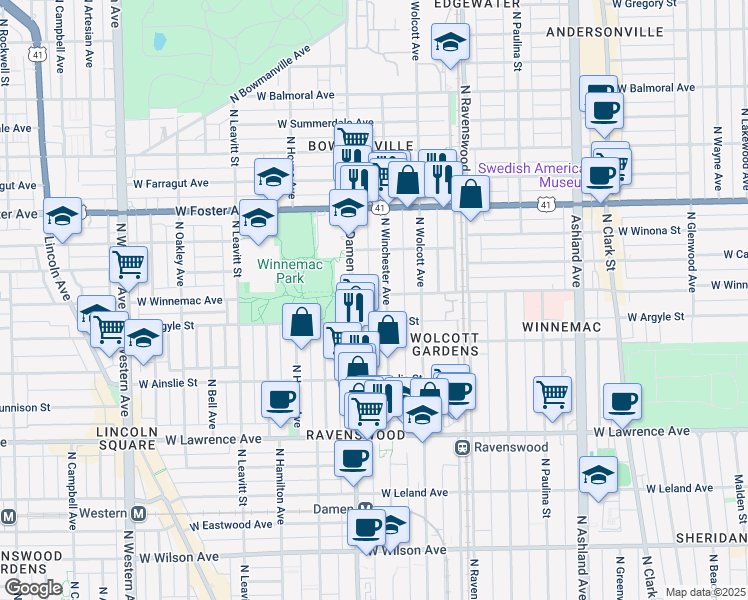 map of restaurants, bars, coffee shops, grocery stores, and more near 5016 North Winchester Avenue in Chicago