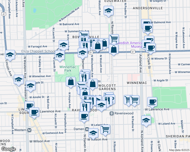 map of restaurants, bars, coffee shops, grocery stores, and more near 5021 North Winchester Avenue in Chicago