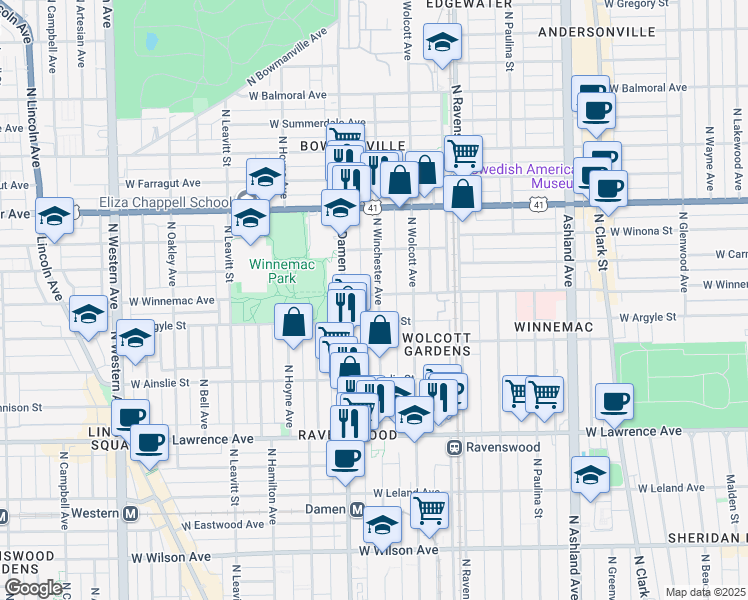 map of restaurants, bars, coffee shops, grocery stores, and more near 1941 West Winnemac Avenue in Chicago