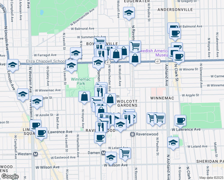 map of restaurants, bars, coffee shops, grocery stores, and more near 5023 North Winchester Avenue in Chicago