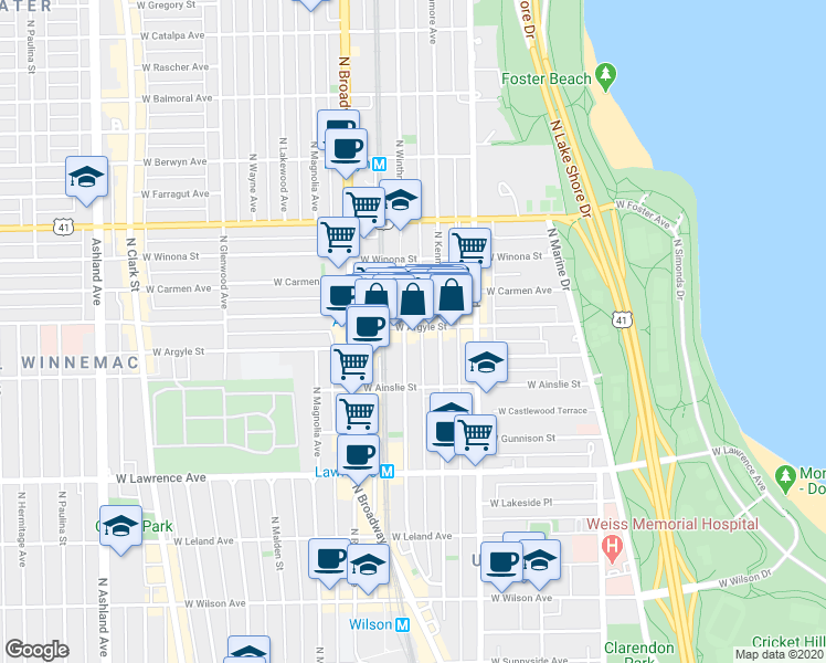 map of restaurants, bars, coffee shops, grocery stores, and more near 1061 West Argyle Street in Chicago