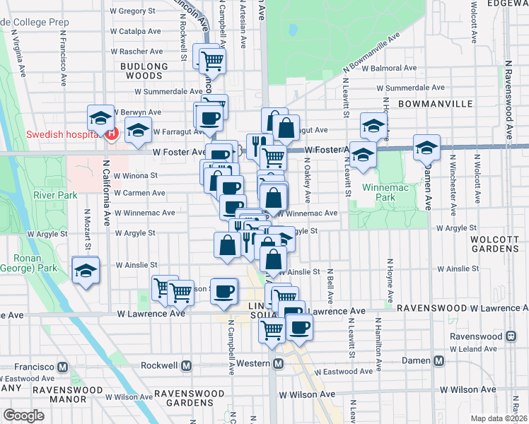 map of restaurants, bars, coffee shops, grocery stores, and more near 5028 North Western Avenue in Chicago