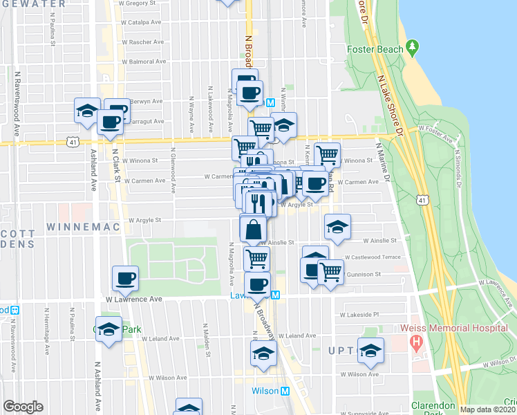 map of restaurants, bars, coffee shops, grocery stores, and more near 4953 North Broadway in Chicago