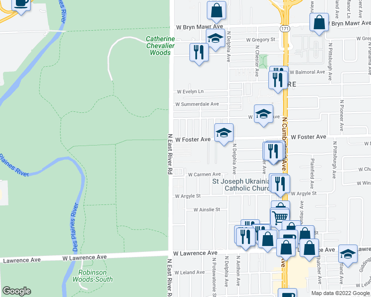 map of restaurants, bars, coffee shops, grocery stores, and more near 5147 North East River Road in Chicago