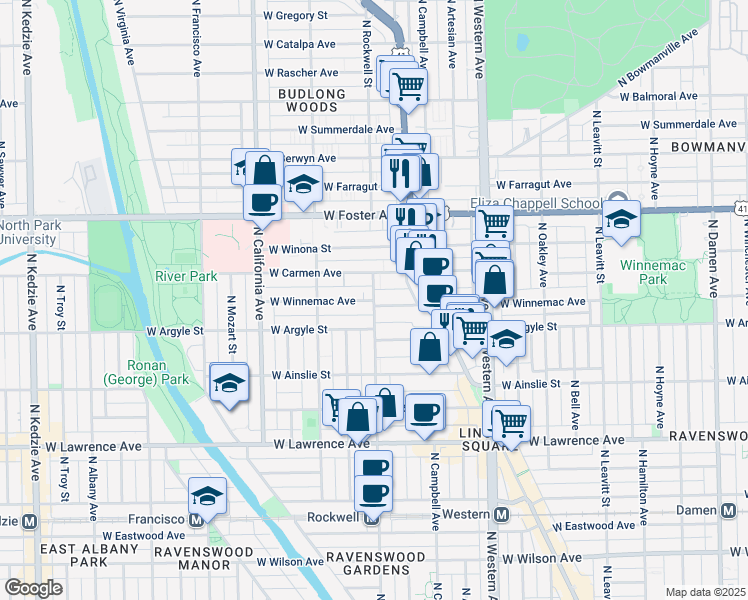 map of restaurants, bars, coffee shops, grocery stores, and more near North Rockwell Street & West Winnemac Avenue in Chicago