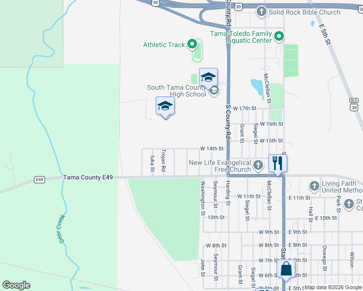 map of restaurants, bars, coffee shops, grocery stores, and more near 701 West 14th Street in Tama