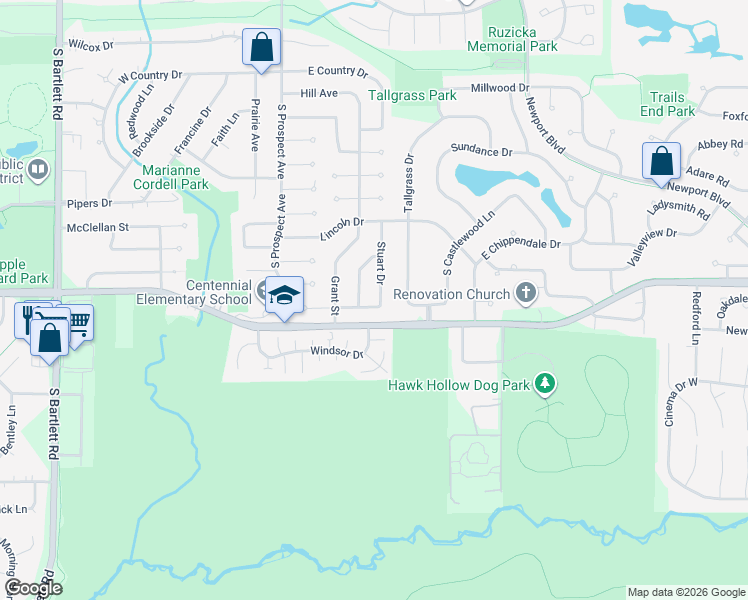 map of restaurants, bars, coffee shops, grocery stores, and more near 992 Stuart Drive in Bartlett