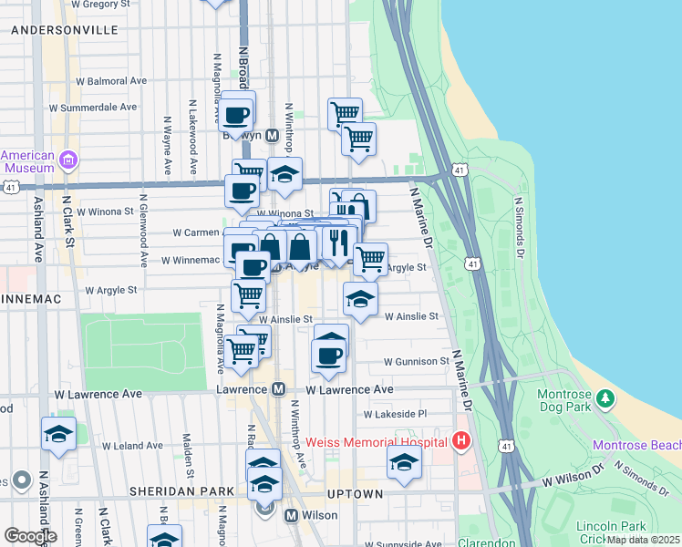 map of restaurants, bars, coffee shops, grocery stores, and more near 1005 West Argyle Street in Chicago