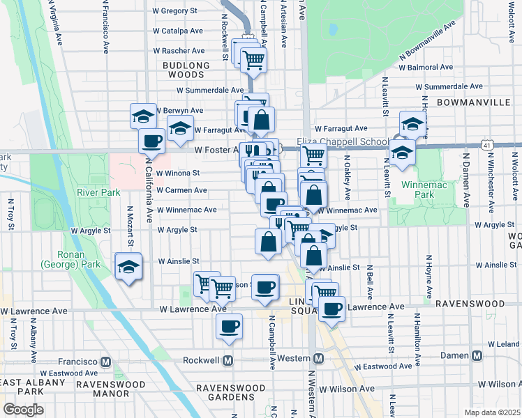 map of restaurants, bars, coffee shops, grocery stores, and more near 5067 North Lincoln Avenue in Chicago