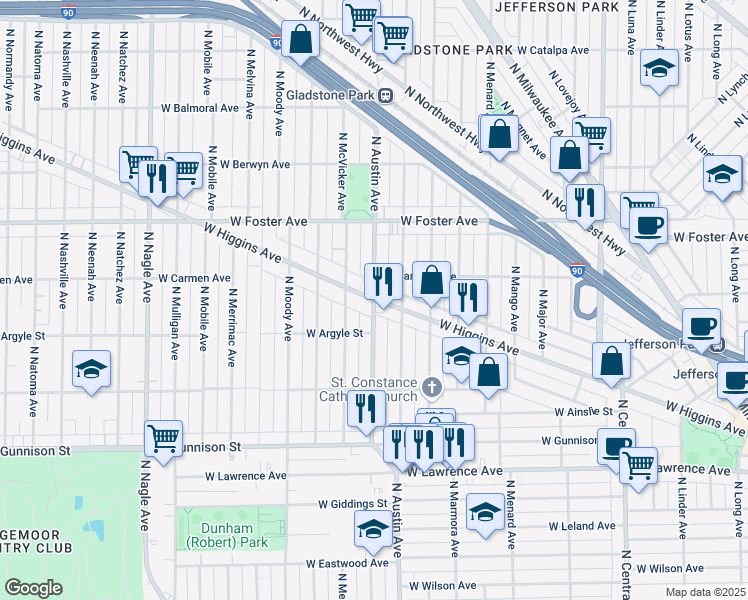 map of restaurants, bars, coffee shops, grocery stores, and more near N Austin Ave & W Higgins Ave in Chicago