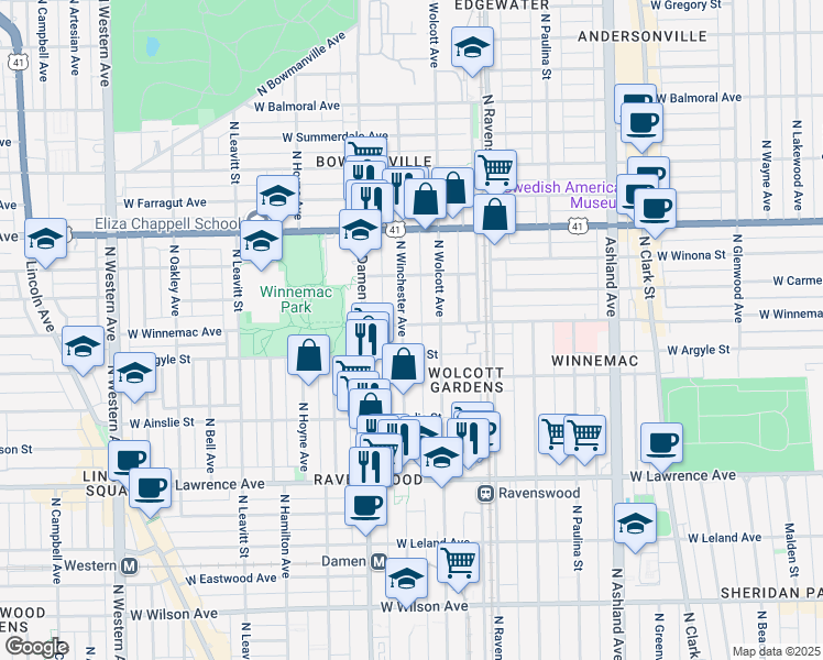 map of restaurants, bars, coffee shops, grocery stores, and more near 1925 West Winnemac Avenue in Chicago