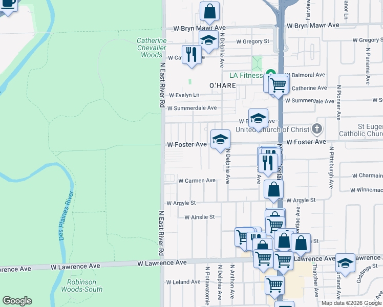 map of restaurants, bars, coffee shops, grocery stores, and more near 8701 West Foster Avenue in Chicago