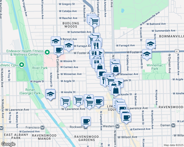 map of restaurants, bars, coffee shops, grocery stores, and more near 2540 West Winnemac Avenue in Chicago