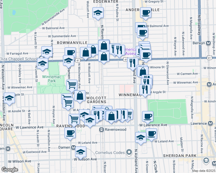 map of restaurants, bars, coffee shops, grocery stores, and more near 1763 West Winnemac Avenue in Chicago