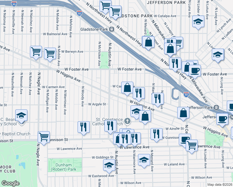 map of restaurants, bars, coffee shops, grocery stores, and more near 5928 West Higgins Avenue in Chicago